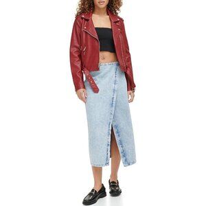 Women's Red The Belted Faux Leather Moto Stylish Jacket Comfortable zipper